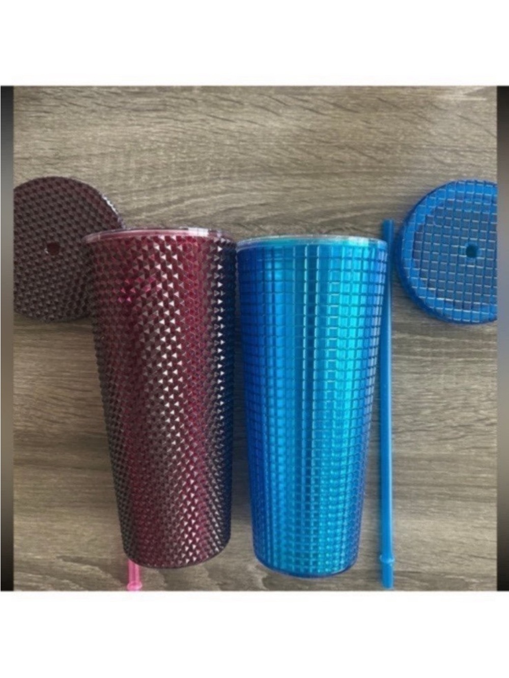 Blue and Red Textured Tumblers with Lids and Straws